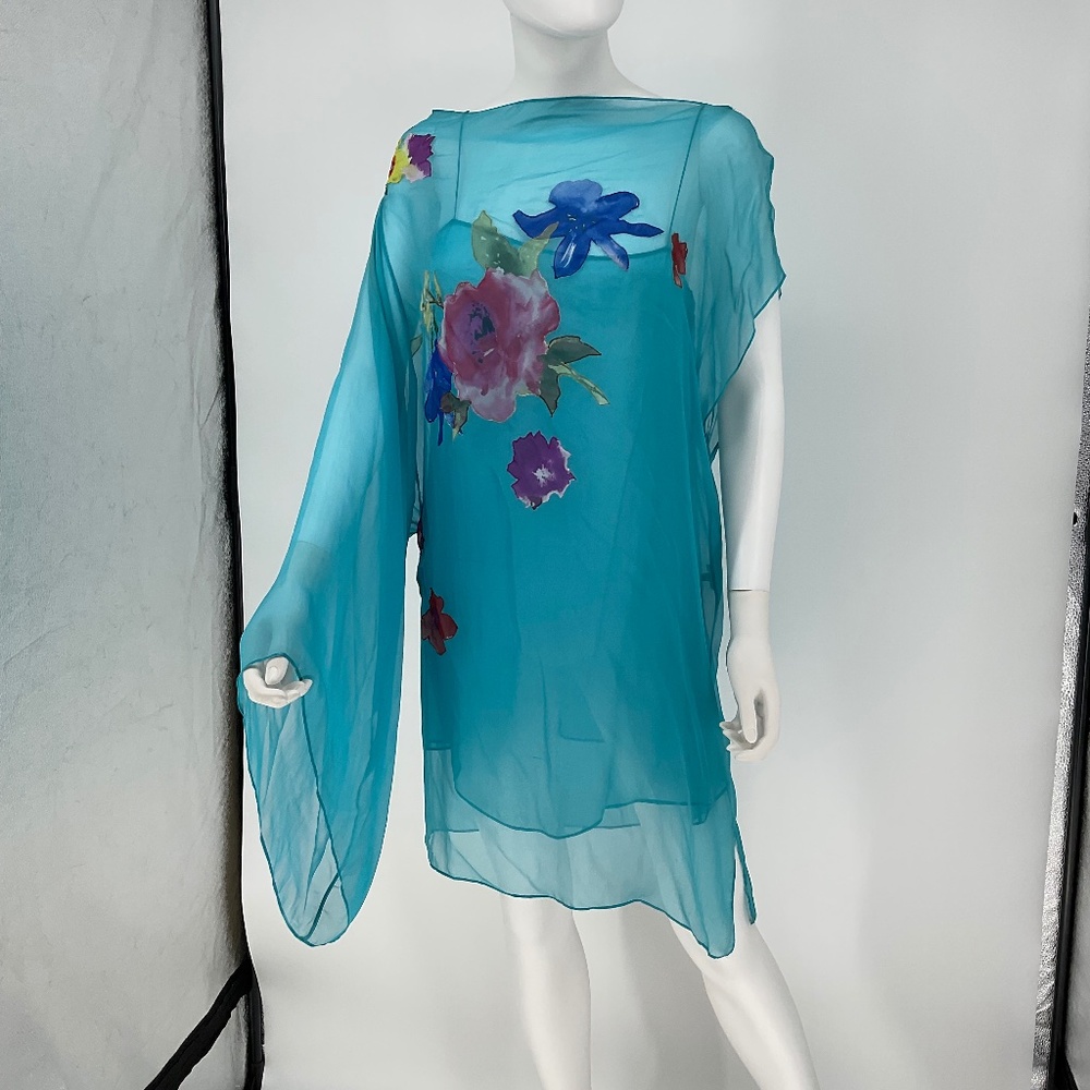 Dolce & Gabbana Vintage Aqua Transparent Silk 2-Piece Dress w/ Floral Appliqué